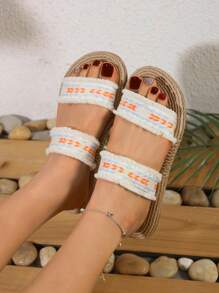 女士时尚平底亚麻绳凉鞋，波西米亚复古风格中东欧时尚沙滩鞋