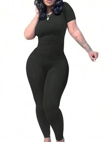 Slim-Fit Short-Sleeved High-Waist Tights Casual Suit - Black - View 3