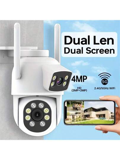 1pc 5G WIFI ,2MP+2MP Dual Len Wireless Outdoor Security Camera,Smart PTZ Home Surveillance Cameras 2.4/5Ghz Wifi,Indoor CCTV IP Cameras,Auto Tracking,Alarm Night Vision, Pan Tilt Rotation, Video Network Camera System Supports Two Way Audio view 3