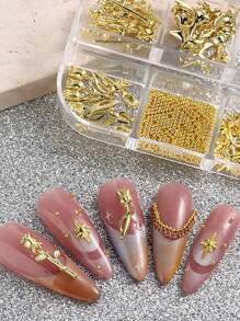 3D 星星指甲饰物玫瑰花朵指甲配件 Y2K 珠宝金珠装饰合金链水钻美甲 - 金色 - 查看 6