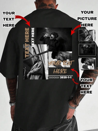 Customized Personalized Men's Loose Short Sleeve Round-Neck T-Shirt , Add Your Own Photo (Selfie/Family Photo/Pet Photo/Friend Photo/Party/Team/ Boyfriend/Girlfriend/Pet/Couple Matching/ Workwear) And Your Text To Design Your Personal Print T-Shirt For Party,Team, Couple Matching, Workwear Black Summer