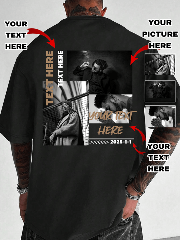 Personalisiertes Herren Loose Fit Rundhals Kurzarm T-Shirt, fügen Sie Ihr eigenes Foto (Selfie/Familienfoto/Haustier/Freund/Party/Team/Freund/Freundin/Haustier/Paar-Outfit/Arbeitskleidung) und Ihren eigenen Text hinzu, um Ihr persönliches Muster-T-Shirt für Party, Team, Paar-Outfit, Arbeitskleidung zu gestalten, Schwarz Sommer Sport