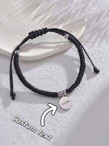 1 pieza de brazalete personalizado de acero inoxidable con cuerda negra tejida a mano, brazalete personalizado con grabado, brazalete personalizado versátil para parejas, con nombre personalizable, texto, letras, adecuado para cumpleaños/fiestas/aniversarios, se puede usar como regalo para padres/novio/novia/parejas