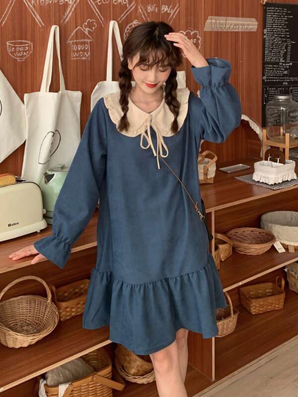 Contrast Statement Collar Ruffle Trim Smock Dress