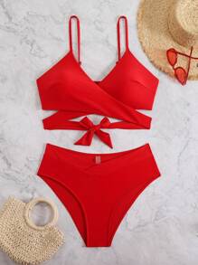 2025 Plus Size Minimalist Solid Color Tankini Set, Resort Beach Swimwear, For Summer Vacation - Red - View 1