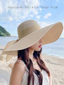 Women's Summer Sunscreen Hat, Beach Straw Hat, Korean Style Student Versatile Summer Ladies Fashionable Large Brim Sun Hat, Stylish Personalized Casual Bohemian Retro Street Elegant Polyester Bowknot Windproof UV Protection Cap, Spring/Summer - Hat - View 6