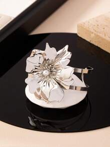 1pc Silver Flower Inlaid Pearl Open Bangle Bracelet, Vintage Elegant Fashion Elegant Suitable For Gifts, Parties, And Daily Wear