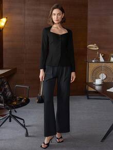 女式纯色单排扣西装外套，办公室装和商务休闲老款风格 - 黑色 - 查看 3