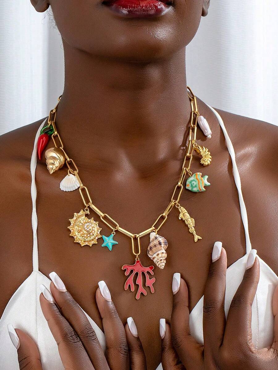 1 Pc BOHO Vacation Beach Style Starfish Summer Multi Charm Necklace