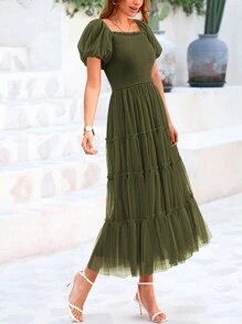 Women's  Summer Pleated Mid-Length Tulle Dress Puffy Short Sleeve Square Collar Ruffled Wedding Guest Graduation Party Dress - xanh quân đội - Xem 6