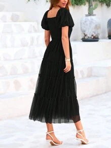 Women's  Summer Pleated Mid-Length Tulle Dress Puffy Short Sleeve Square Collar Ruffled Wedding Guest Graduation Party Dress - Black - View 4