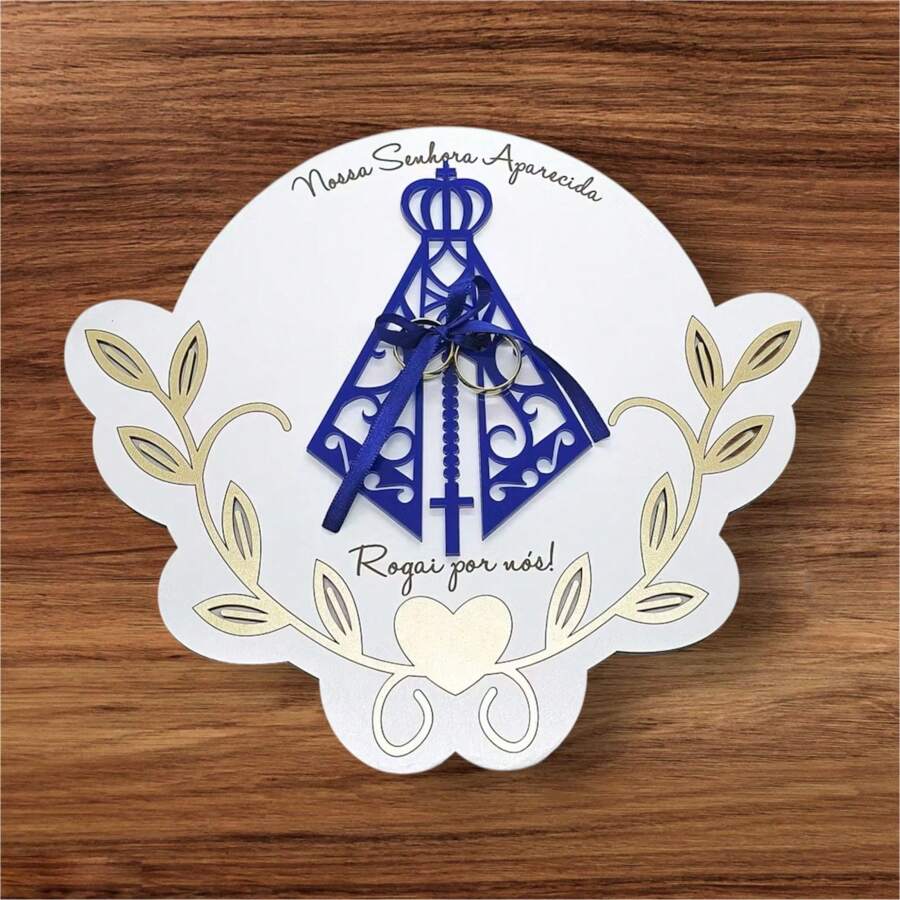 Porta Alianças Personalizado Para Casamento Padrinho Nossa Senhora Aparecida Em Mdf - BRANCO AZUL - Visão 1