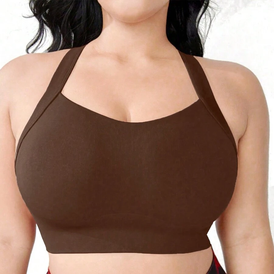 Seamless High-Elasticity And High-Support Plus-Size Sports Bra,Women Plus-Size Underwear Detachable Chest Pad With Cross-Strap Design,Women's Plus-Size Fitness Solid Color Simple Yoga Bra,Women Soft And Comfortable Plus-Size Sports Tops - Brown - View 1