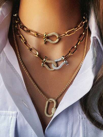 1Pc Chunky Rhinestone-Filled Horseshoe Buckle Necklace, A Color Block Horseshoe Buckle Necklace, High-End And Elegant, Suitable For Women As A Daily Fashion Item.