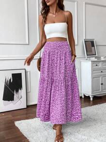 Women's Maxi Skirt Tiny Floral Casual Elastic Waist With Pockets Ruffled Hem Ladies Summer A-Line Long Skirts - Purple - View 4