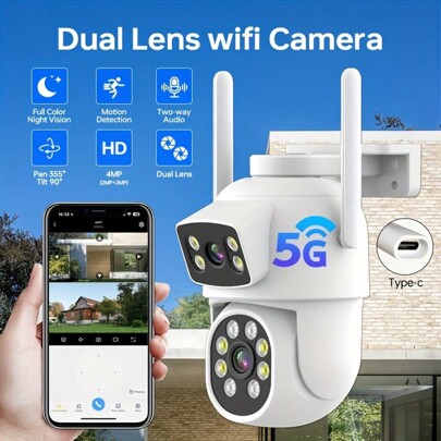 1 peça 5G WIFI, câmera de segurança externa sem fio de lente dupla de 2MP+2MP, câmeras de vigilância residencial PTZ inteligentes com Wi-Fi de 2,4/5 GHz, câmeras IP CCTV internas, rastreamento automático, alarme e visão noturna colorida, rotação panorâmica e inclinação, sistema de câmera de rede de vídeo com suporte para áudio bidirecional
