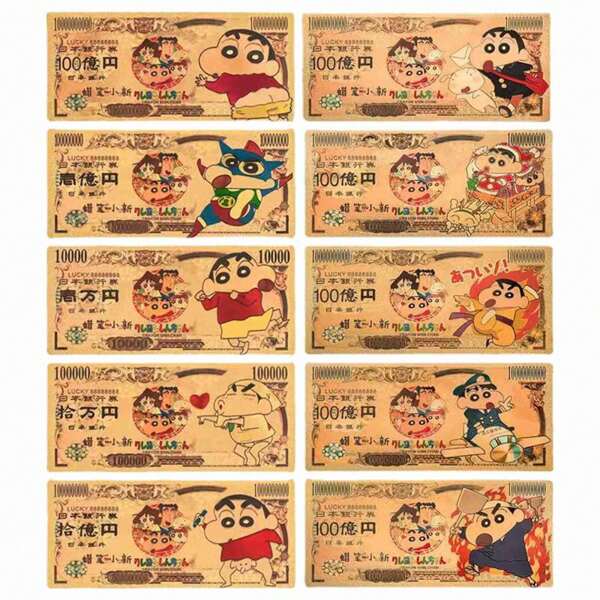CRAYON SHINCHAN 5 peças/1 peça de lápis de cera periférico de anime japonês Shin Chan comemorativo de notas de ouro, coleção especial de dez conjuntos completos de cartões, macios e confortáveis, artesanato requintado, bordado, decoração criativa de desenho animado, presente perfeito (aleatório)
