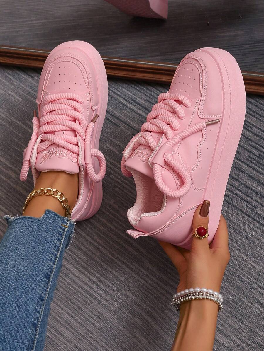 女春秋学院风大码板鞋粗跟黑白拼接彩色黑色鞋子女鞋厚底增高女式休闲运动鞋 - 粉色 - 查看 1