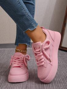 女春秋学院风大码板鞋粗跟黑白拼接彩色黑色鞋子女鞋厚底增高女式休闲运动鞋 - 粉色 - 查看 5