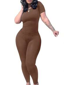 Slim Fit Short Sleeve Top And High Waist Skinny Pants Two Pieces Casual Outfit