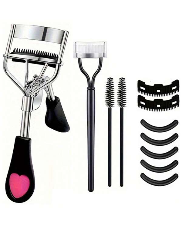 11 قطعة مجموعة ملقط رموش، 1 ملقط رموش و2 فرشاة بديلة، 1 فاصل رموش، 2 منشر رموش، 5 وسادات بديلة للنساء للحصول على تجعيد رموش مبهر