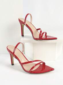 女士漆皮后绑带踝带尖头细高跟凉鞋，优雅迷人时尚派对场合红色高跟鞋 - 紅色 - 查看 3