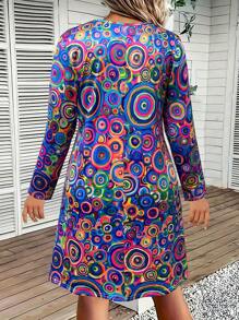 Women's Plus Size V-Neck Long Sleeve Circle Dress - Elegant Midi Dress With Flowy Skirt, Casual Office & Party Dress, Classic A-Line Spring Dress,Fashion Orange Plus Size Dresses