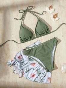 3pcs Set Women Floral Print Chiffon Dress & Bikini Set, Summer Beach Party Suit - Green - View 2