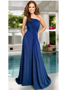 Long Emerald Dress Blue Green Red Marsala Rose Olive + Colors Luxury And Elegance For Bridesmaids Graduates And Guests With One Shoulder With Fluid Cup Fits 36 To 42 - 藏蓝色 - 查看 1