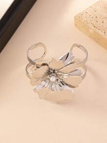 1pc Silver Flower Inlaid Pearl Open Bangle Bracelet, Vintage Elegant Fashion Elegant Suitable For Gifts, Parties, And Daily Wear