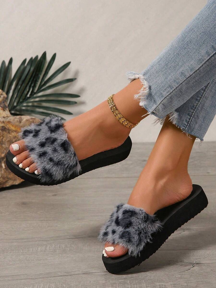 女士毛绒拖鞋，时尚百搭优质软底毛绒带拖鞋，适合室内外穿着，春秋季 - 灰色 - 查看 1