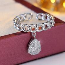 1pc Open Chain Link Geometric Hollow Cubic Zirconia Ring, Vintage Style