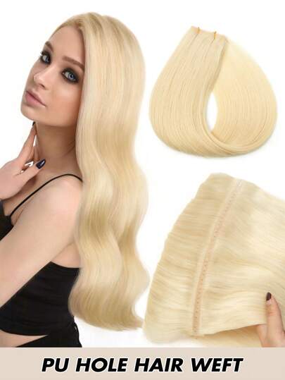Osynligt hål PU-hårinslag Riktigt människohår Remy Weft Människohårfärg 60 Platinablont raka människohårbuntar Injicera PU Hole Weft Människohårförlängningar
