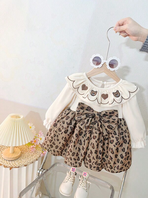 Girls New Spring Dress, Children Spring Leopard Print Dress, Infant Girl Long Sleeve Fashionable Korean Style Princess Dress