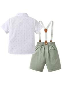 BLUE SAYING Set de 2 piezas: Camisa de manga corta y pantalones cortos con tirantes para niño pequeño, camisa de manga corta con estampado creativo en blanco y pantalones cortos verdes, conjunto ideal para fiesta, actuación, niños de 6T/6 años