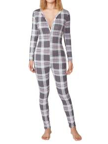 Women's Slim Playsuit, Deep V Long Sleeve Long Pants Cartoon Print Jumpsuit, One-Piece For Club, Party - Xám - Xem 2