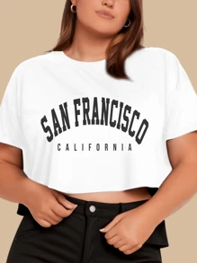 Cropped básico feminino plus size em algodão estampa san francisco fashion casual - Branco - Visão 2
