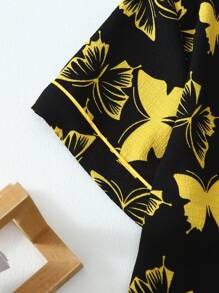 蝴蝶印花撞色滚边睡衣套装 - 黑色 - 查看 4