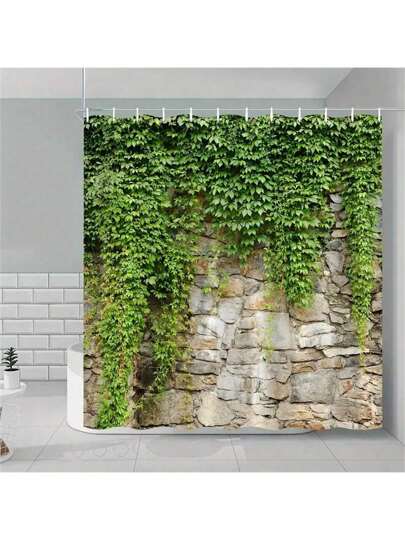 1 pieza Cortina de baño con escena primaveral refrescante - Diseño de follaje verde exuberante y piedra, de poliéster de fácil cuidado, incluye ganchos - Renovación vibrante del baño, decoración del hogar, accesorios de baño, decoración de otoño, vuelta al colegio