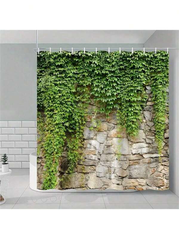 Cortina de banho com cenário de primavera refrescante de 1 peça - Folhagem verde exuberante e design de pedra, poliéster de fácil manutenção, inclui ganchos - decoração vibrante para banheiro, decoração de outono, acessórios para banheiro, volta às aulas