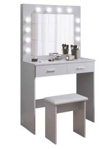 White Dressing Table Set With LED Lights Mirror, Vanity Makeup Table 2 Large Drawers And Stool - Light Grey - View 8