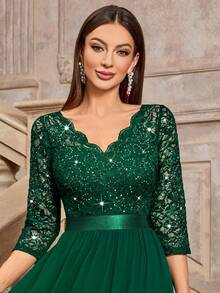 MIUSOL Elegant V-Neck Sequin Floral Lace Ruched Chiffon 3/4 Sleeve Evening Party Long Dress,For Wedding Guest,Graduation,Dinner - Dark Green - View 8