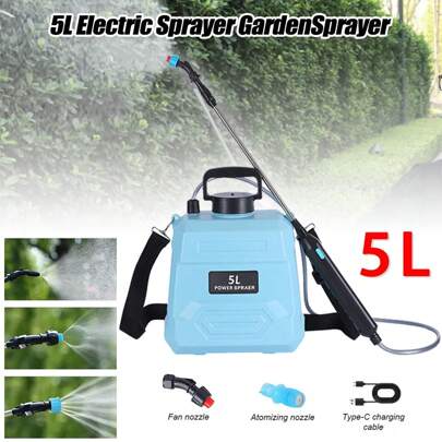 5L Battery Powered Sprayer Upgraded Powerful Electric Sprayer With 3 Spray Nozzles Telescopic Pole USB Charging Handle Adjustable Shoulder Strap For Garden