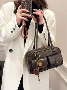 New Bread Knot Pendant Multi-Pocket Pillow Bag, Fashionable Colorful Underarm Bag, Attractive Retro Minimalist High-Quality Women Shoulder Bag, Versatile For Daily, Commute, Shopping, Vintage Style , Office - Coffee Brown - View 4