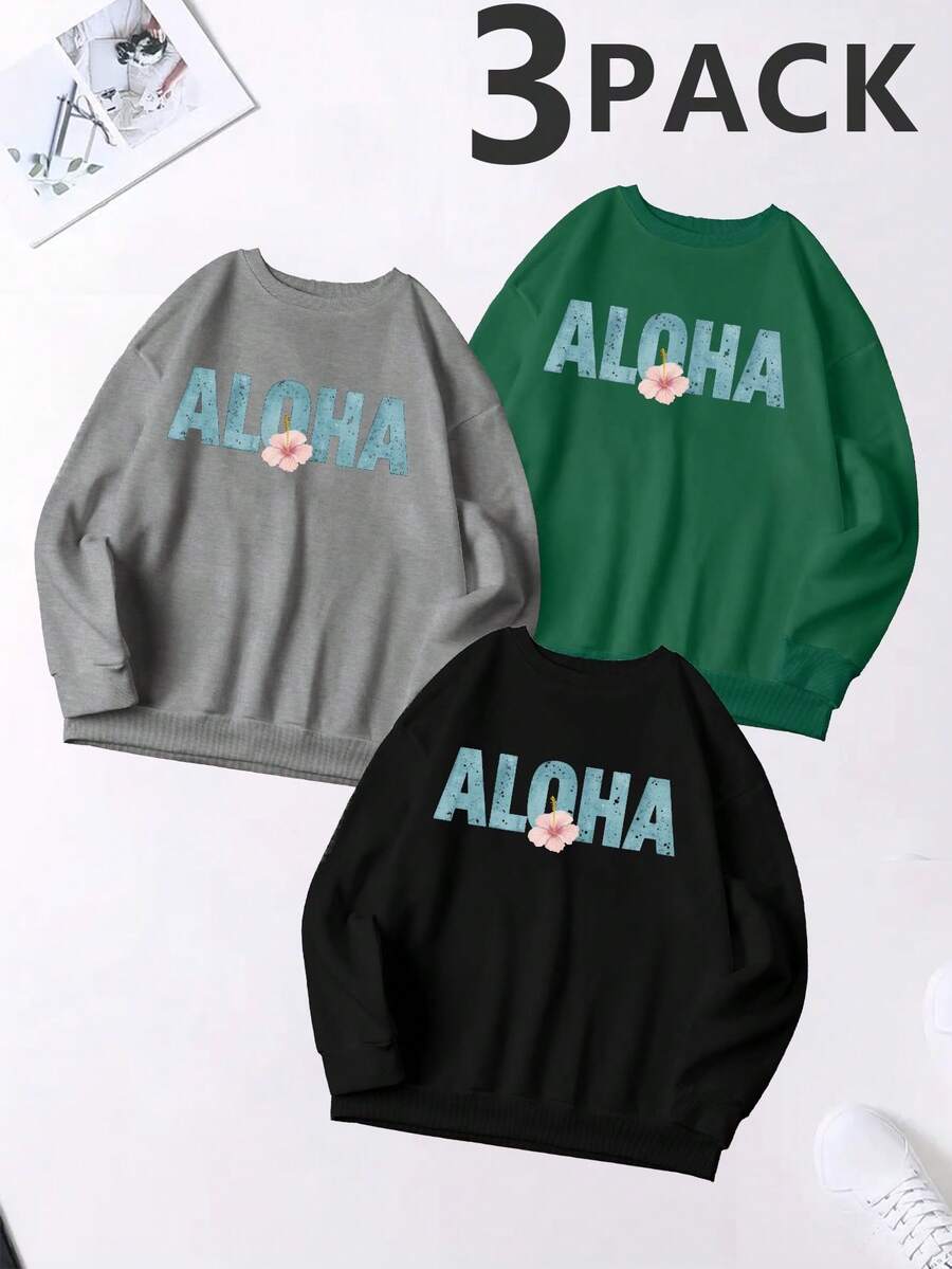 ALOHA 250g Women's Printed Sweatshirts 3-Pack - Black+Gray+Green - View 1