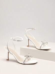 Women Double Bowknots High Heeled Sandal Open Square Toe Ankle Strap Rhinestone Decor Dress Shoes For Wedding Prom Festival Party