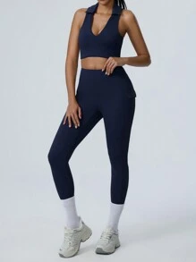 MASKERT 春夏女士套装女运动套装健身服瑜伽套装运动套装跑步锻炼居家拉伸亲肤舒适 - 藏蓝色 - 查看 1