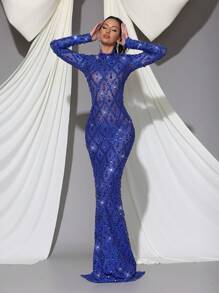 Modphy Luxurious Sequined, Heavily Hand-Beaded, Rhinestone-Embellished, Sexy See-Through Long-Sleeved Mesh Dress With Shimmering Details; Suitable For Weddings, Bridesmaids, Formal Holiday Parties, And More. - Blue - View 3