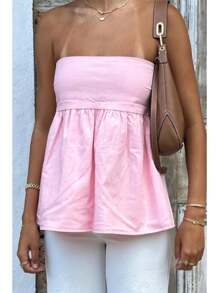Women Sexy Strapless Ruffle Hem Tube Top Summer Solid Sleeveless Backless Tube Top Pleated Peplum Flowy Bandeau Top