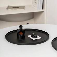 1pc Minimalist Metal Decorative Tray, Round Black Color, Suitable For Potted Plants, Candles, Cosmetics Storage, Desktop Organization